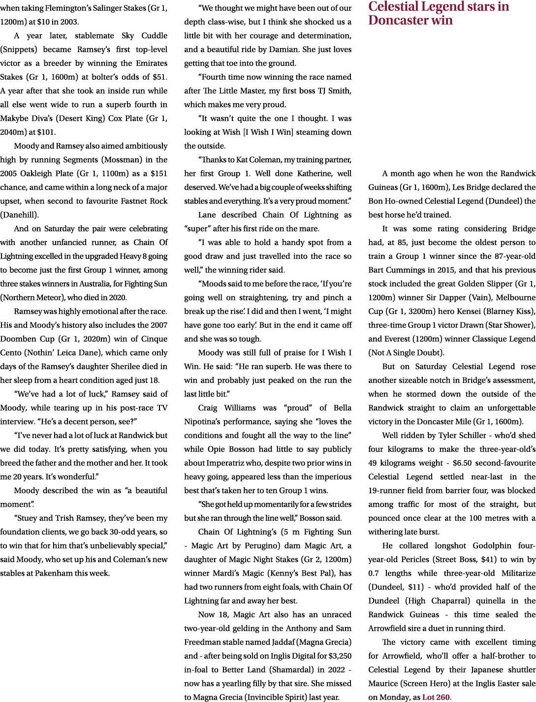 when taking Flemington’s Salinger Stakes (Gr 1, 1200m) at $10 in 2003. A year later, stablemate Sky Cuddle (Snippets)...