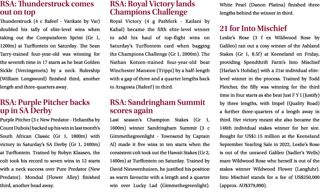 RSA: Thunderstruck comes out on top Thunderstruck (4 c Rafeef Varikate by Var) doubled his tally of elite level wins ...