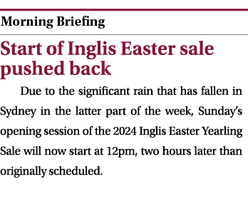  ￼ Start of Inglis Easter sale pushed back Due to the significant rain that has fallen in Sydney in the latter part o...