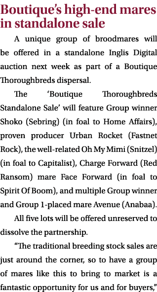 Boutique’s high end mares in standalone sale A unique group of broodmares will be offered in a standalone Inglis Digi...