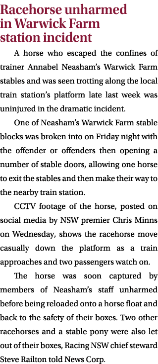 Racehorse unharmed in Warwick Farm station incident A horse who escaped the confines of trainer Annabel Neasham’s War...