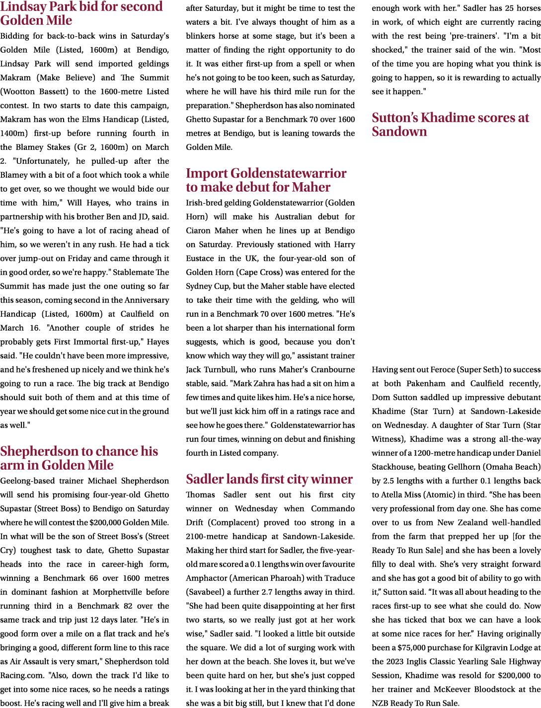 Lindsay Park bid for second Golden Mile Bidding for back to back wins in Saturday's Golden Mile (Listed, 1600m) at Be...