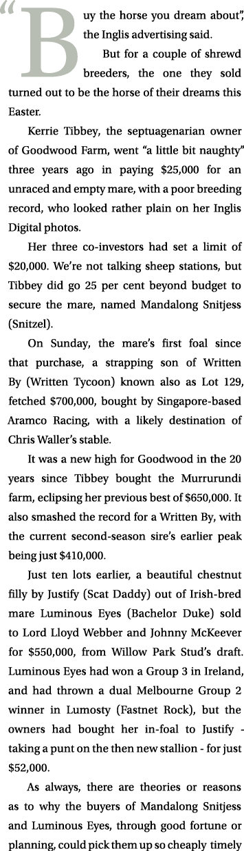 “Buy the horse you dream about”, the Inglis advertising said. But for a couple of shrewd breeders, the one they sold ...