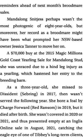 reminders ahead of next month’s broodmare sales. Mandalong Snitjess perhaps wasn’t the most photogenic of eight year ...