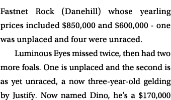 Fastnet Rock (Danehill) whose yearling prices included $850,000 and $600,000 one was unplaced and four were unraced. ...