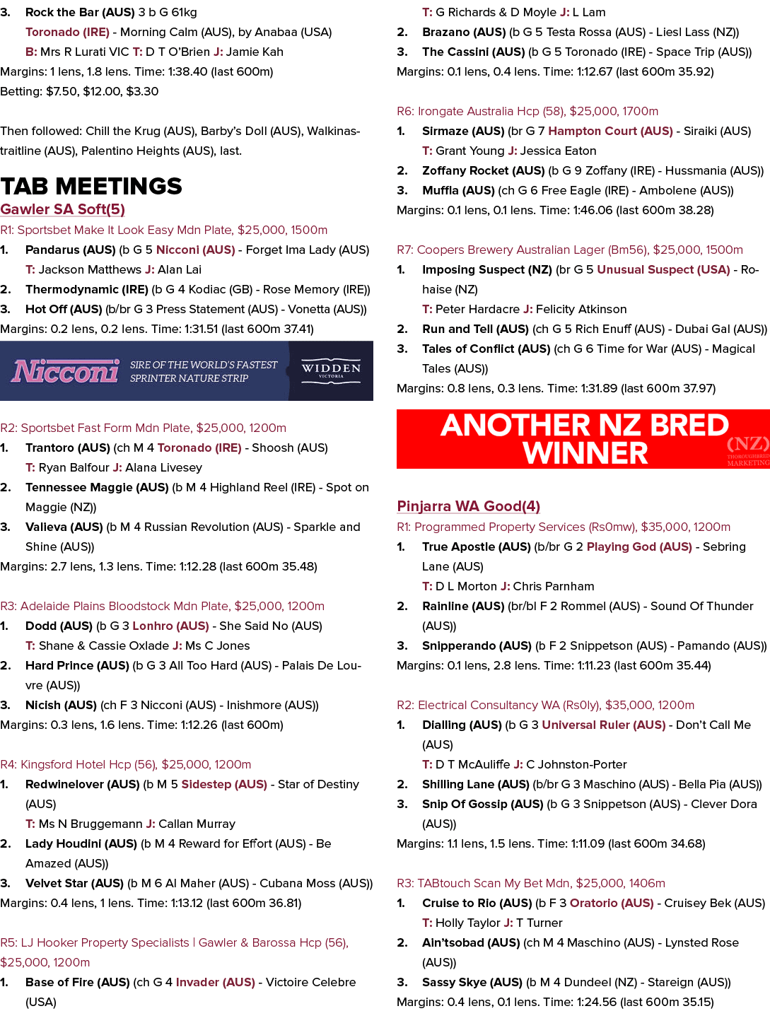 3. Rock the Bar (AUS) 3 b G 61kg Toronado (IRE) Morning Calm (AUS), by Anabaa (USA) B: Mrs R Lurati VIC T: D T O’Brie...