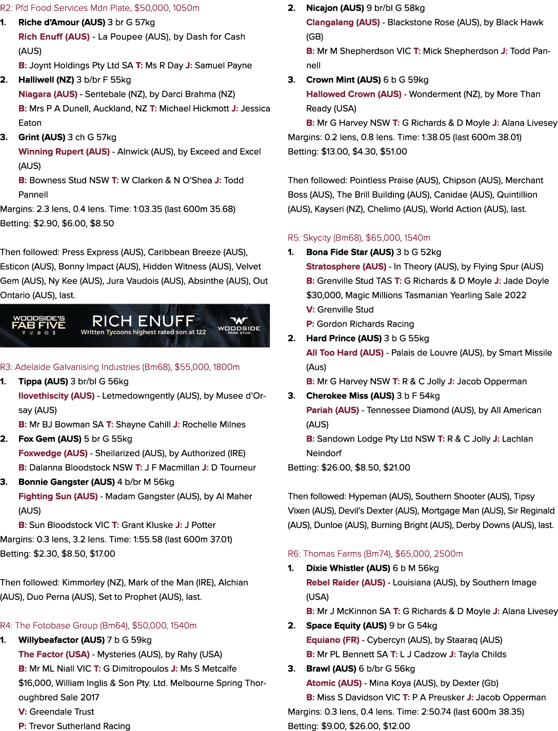 R2: Pfd Food Services Mdn Plate, $50,000, 1050m 1. Riche d’Amour (AUS) 3 br G 57kg Rich Enuff (AUS) La Poupee (AUS), ...