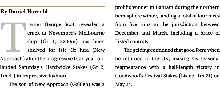 ￼ Trainer George Scott revealed a crack at November's Melbourne Cup (Gr 1, 3200m) has been shelved for Isle Of Jura (...