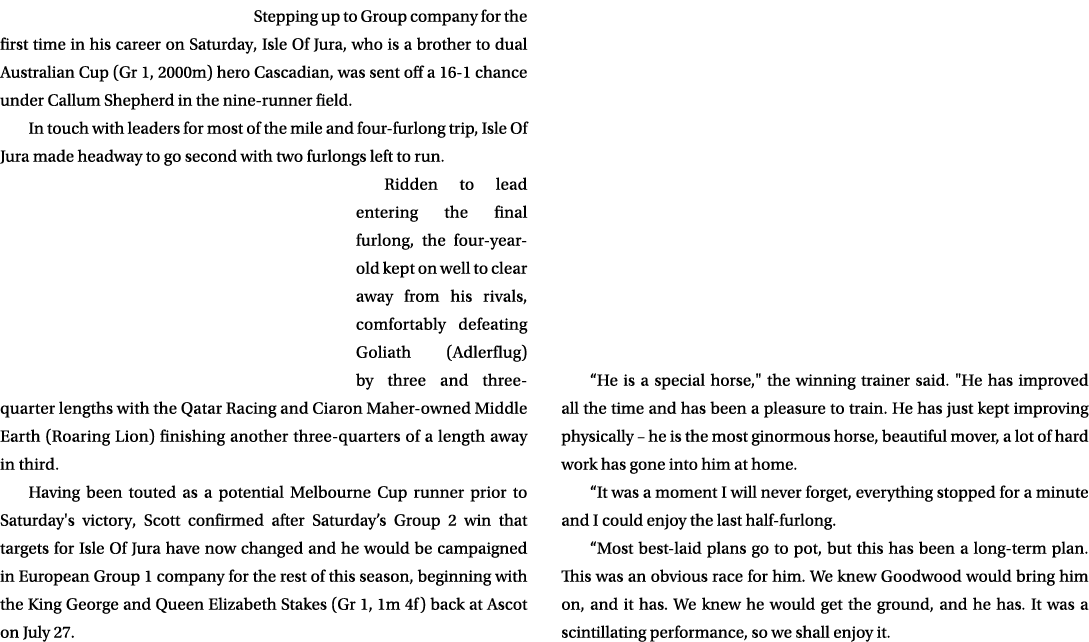 Stepping up to Group company for the first time in his career on Saturday, Isle Of Jura, who is a brother to dual Aus...