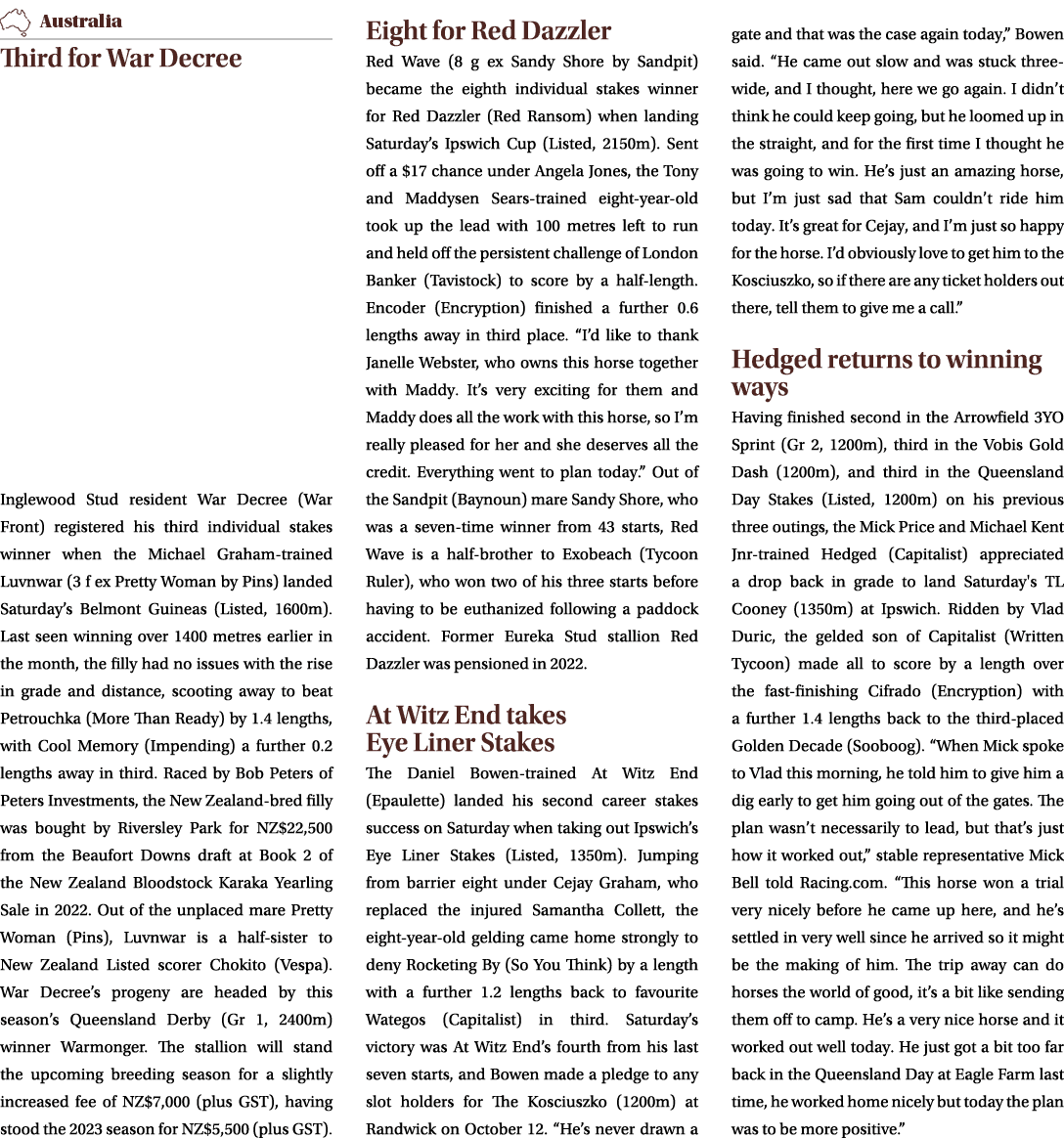 ￼ Third for War Decree Inglewood Stud resident War Decree (War Front) registered his third individual stakes winner w...