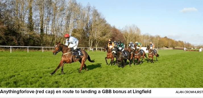 Anythingforlove (red cap) en route to landing a GBB bonus at Lingfield Alan Crowhurs