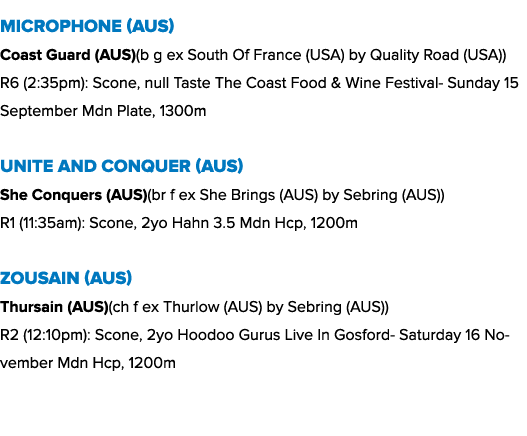 Microphone (AUS) Coast Guard (AUS)(b g ex South Of France (USA) by Quality Road (USA)) R6 (2:35pm): Scone, null Taste...