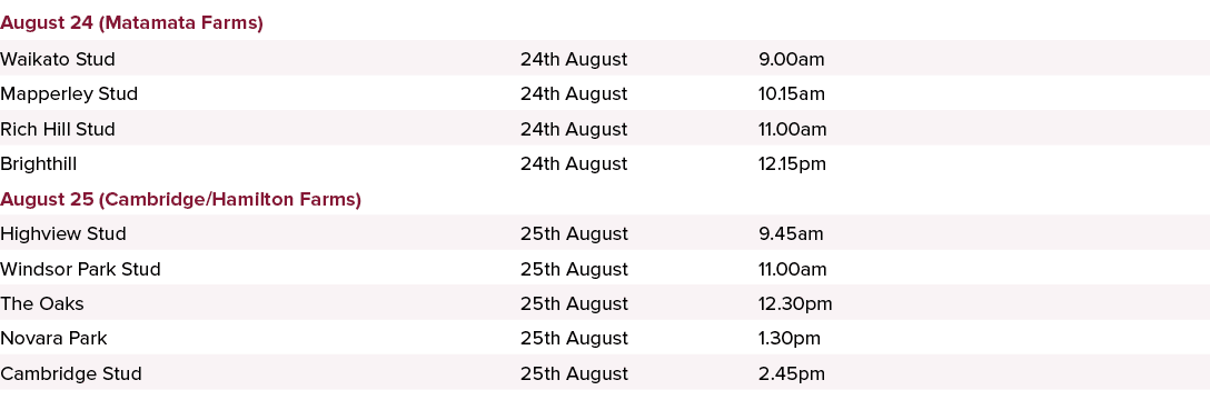 August 24 (Matamata Farms),,,,Waikato Stud,24th August,9.00am,,Mapperley Stud ,24th August,10.15am,,Rich Hill Stud,24...