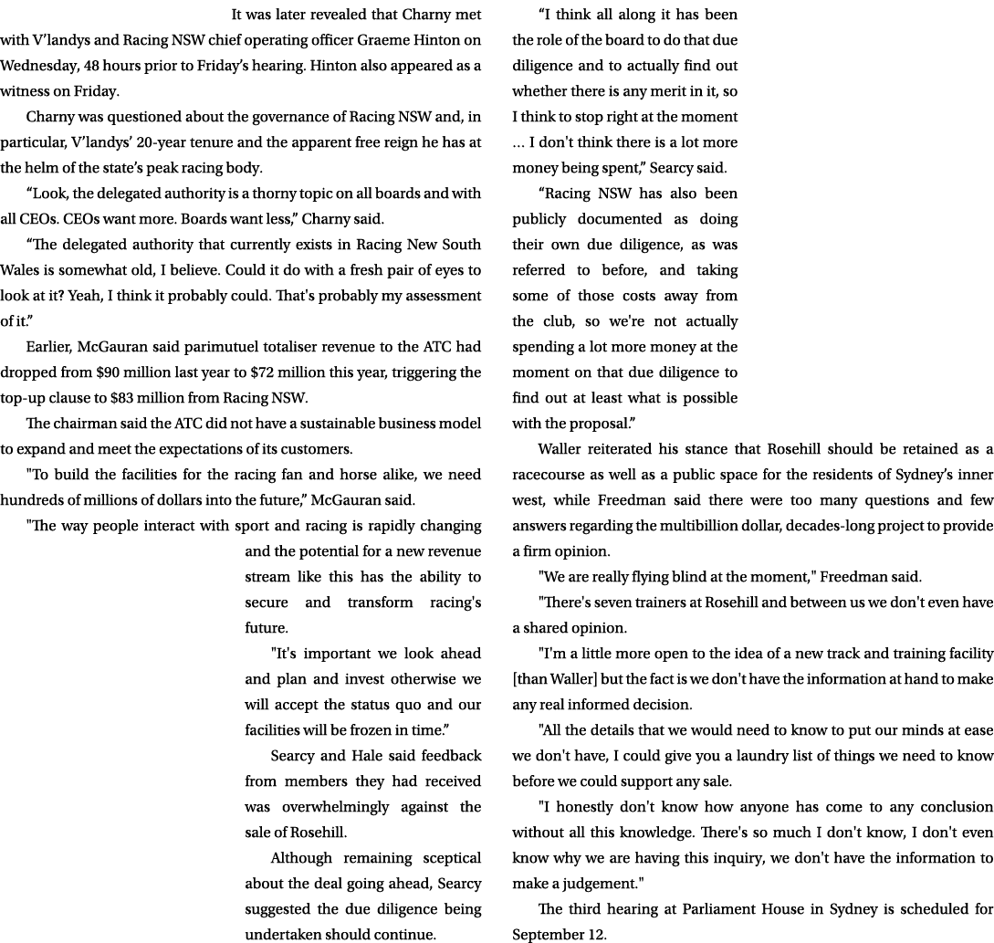 It was later revealed that Charny met with V’landys and Racing NSW chief operating officer Graeme Hinton on Wednesday...