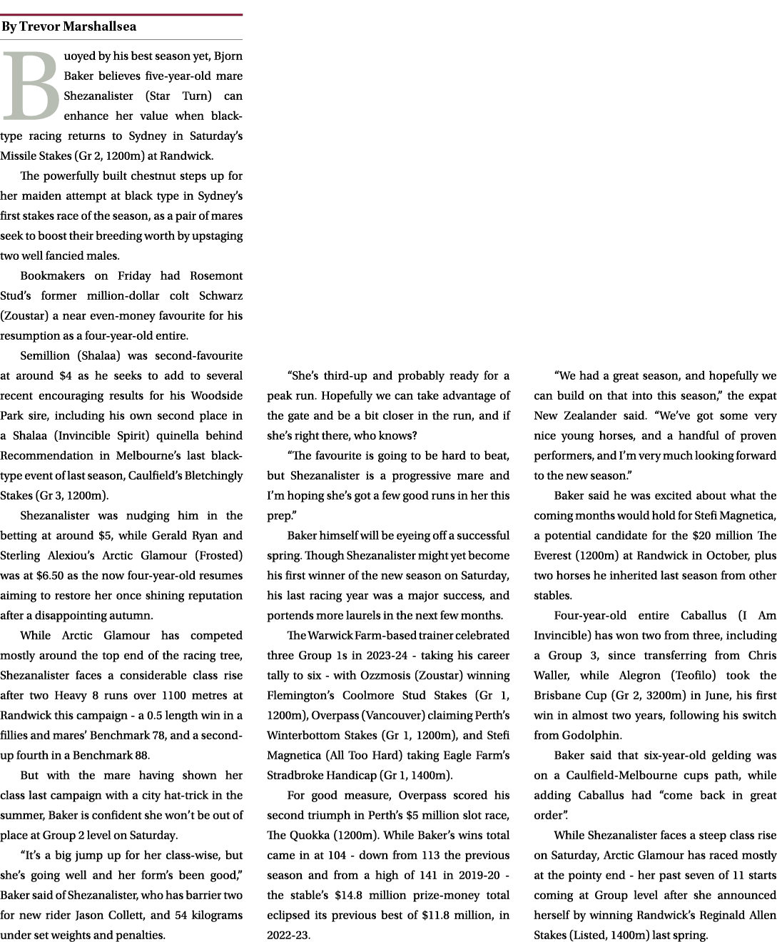 ￼ Buoyed by his best season yet, Bjorn Baker believes five year old mare Shezanalister (Star Turn) can enhance her va...
