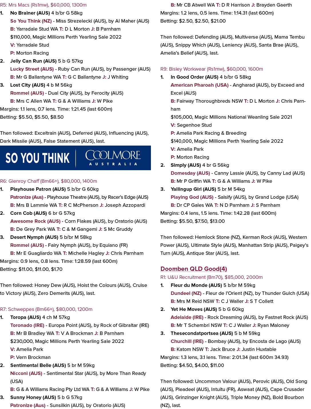 R5: Mrs Macs (Rs1mw), $60,000, 1300m 1. No Brainer (AUS) 4 b/br G 58kg So You Think (NZ) Miss Strezelecki (AUS), by A...
