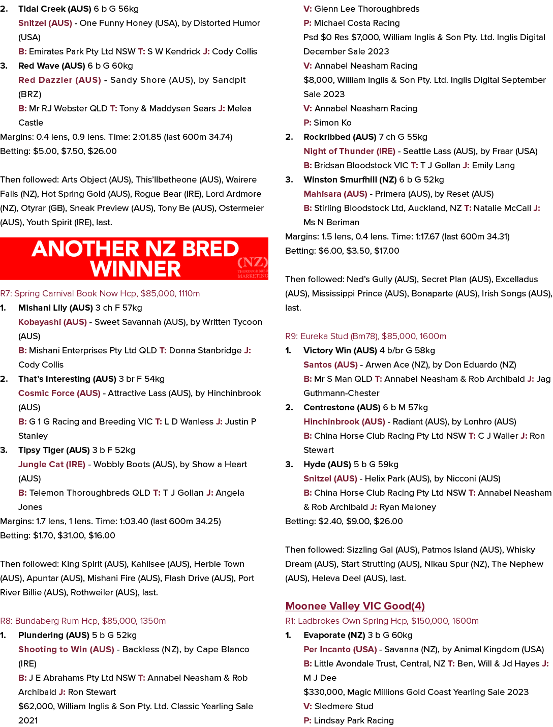 2. Tidal Creek (AUS) 6 b G 56kg Snitzel (AUS) One Funny Honey (USA), by Distorted Humor (USA) B: Emirates Park Pty Lt...