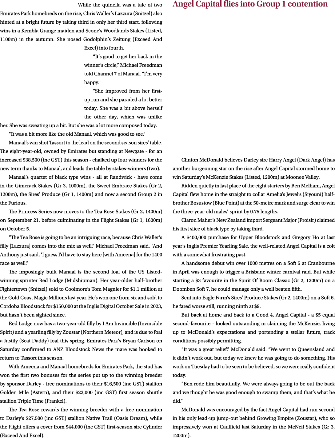 While the quinella was a tale of two Emirates Park homebreds on the rise, Chris Waller’s Lazzura (Snitzel) also hinte...