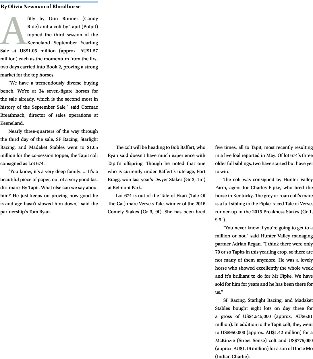 ￼ A filly by Gun Runner (Candy Ride) and a colt by Tapit (Pulpit) topped the third session of the Keeneland September...