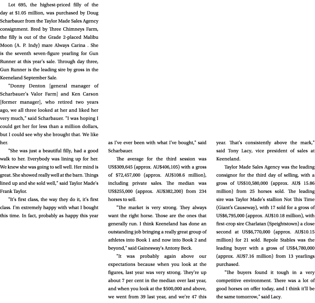 Lot 695, the highest priced filly of the day at $1.05 million, was purchased by Doug Scharbauer from the Taylor Made ...