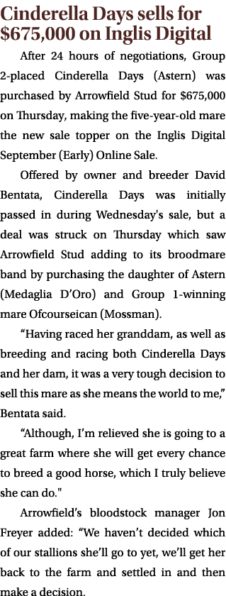 Cinderella Days sells for $675,000 on Inglis Digital After 24 hours of negotiations, Group 2 placed Cinderella Days (...