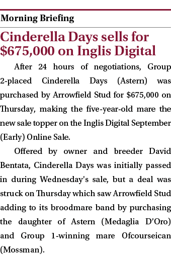  ￼ Cinderella Days sells for $675,000 on Inglis Digital After 24 hours of negotiations, Group 2 placed Cinderella Day...