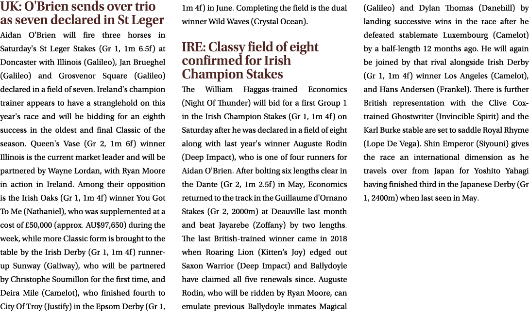 UK: O'Brien sends over trio as seven declared in St Leger Aidan O'Brien will fire three horses in Saturday's St Leger...