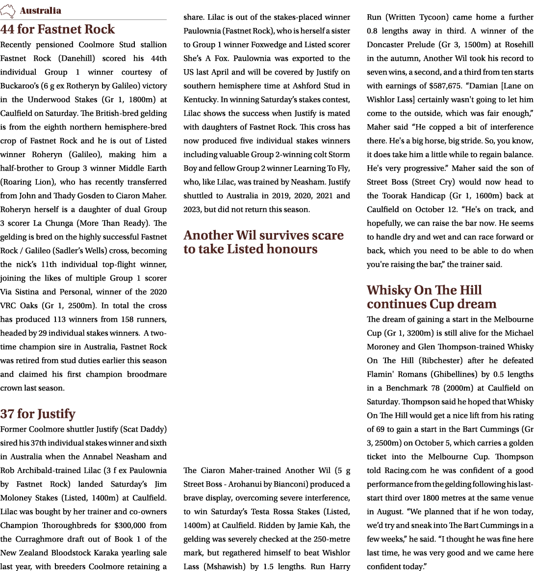 ￼ 44 for Fastnet Rock Recently pensioned Coolmore Stud stallion Fastnet Rock (Danehill) scored his 44th individual Gr...