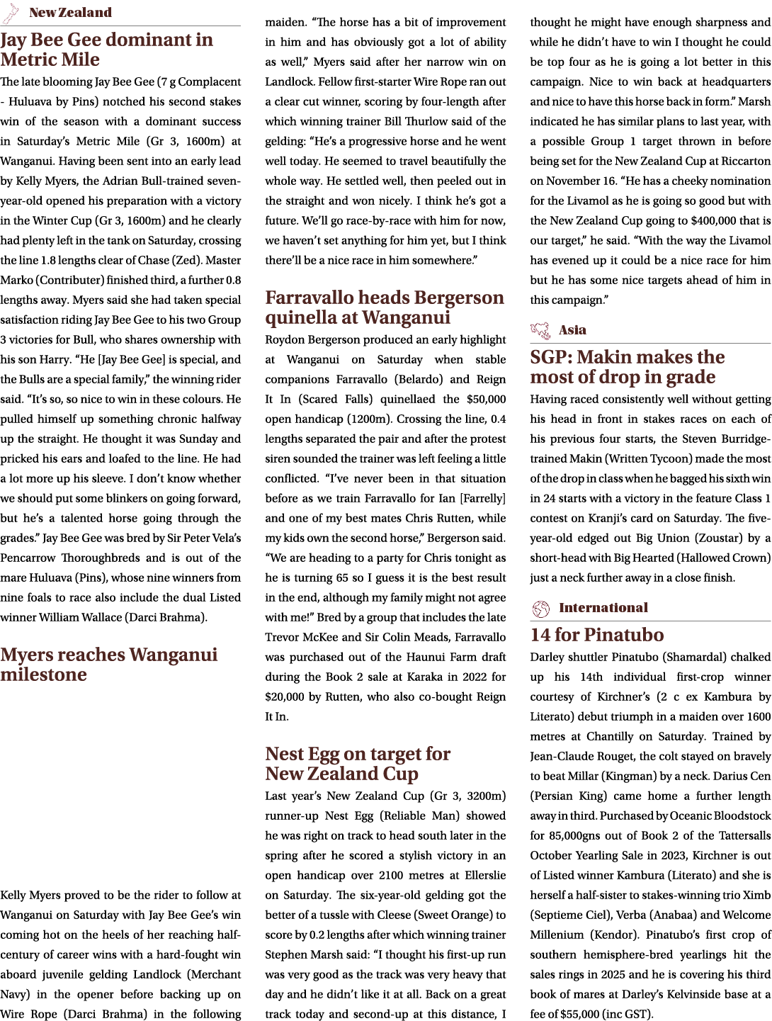 ￼ Jay Bee Gee dominant in Metric Mile The late blooming Jay Bee Gee (7 g Complacent Huluava by Pins) notched his seco...