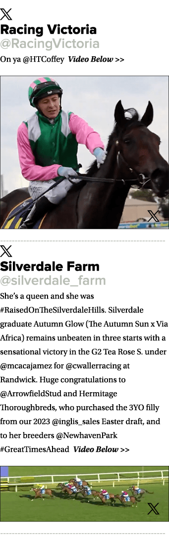 ￼ Racing Victoria @RacingVictoria On ya @HTCoffey Video Below   ￼ ￼ Silverdale Farm @silverdale_farm She’s a queen a...