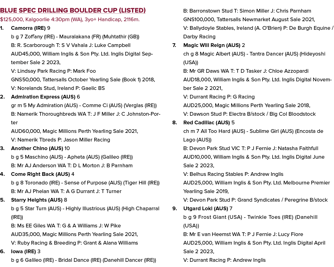 Blue Spec Drilling Boulder Cup (Listed) $125,000, Kalgoorlie 4:30pm (WA), 3yo+ Handicap, 2116m. 1. Camorra (IRE) 9 b ...