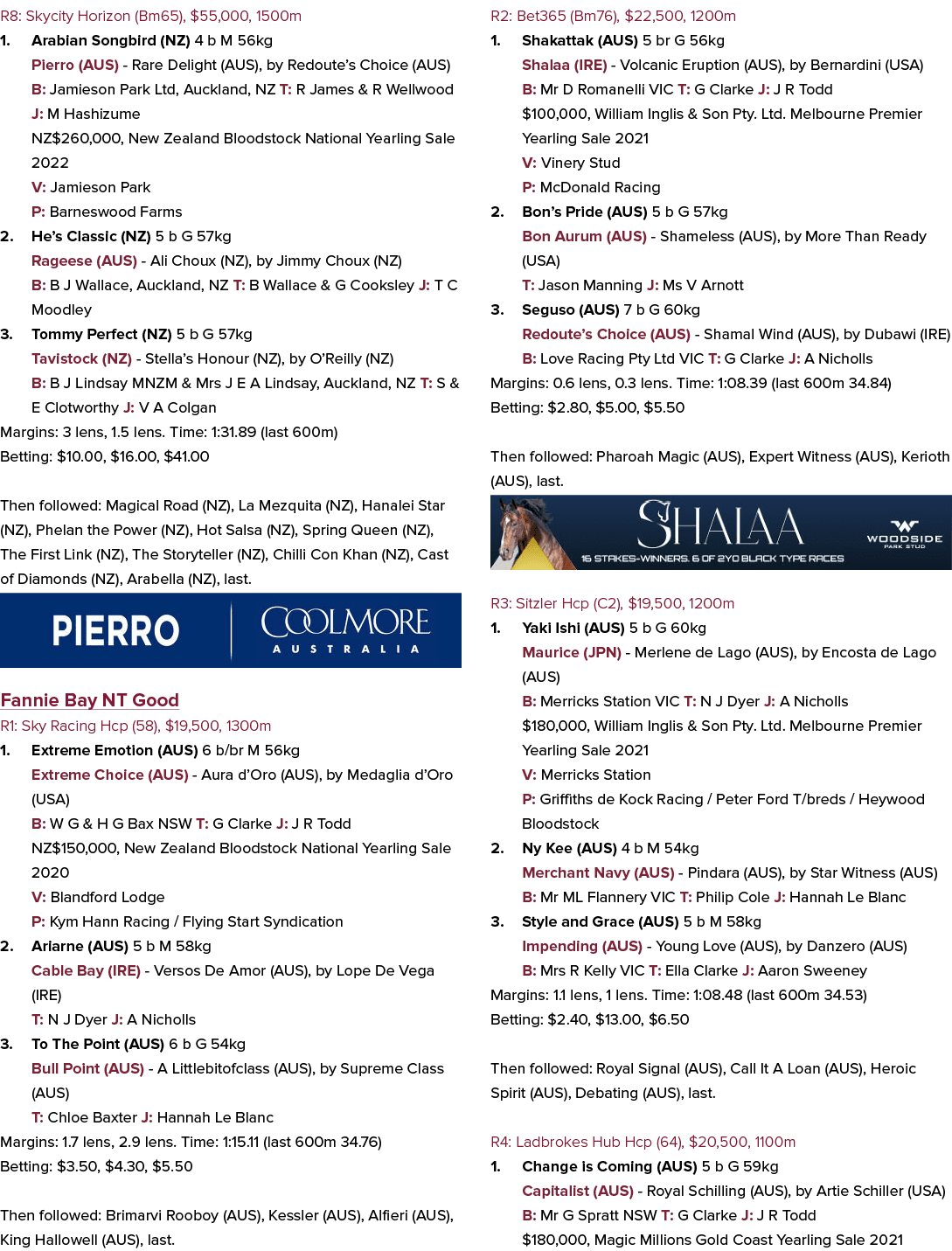R8: Skycity Horizon (Bm65), $55,000, 1500m 1. Arabian Songbird (NZ) 4 b M 56kg Pierro (AUS) Rare Delight (AUS), by Re...