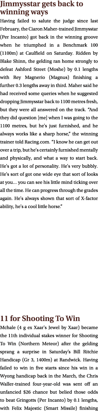 Jimmysstar gets back to winning ways Having failed to salute the judge since last February, the Ciaron Maher trained ...