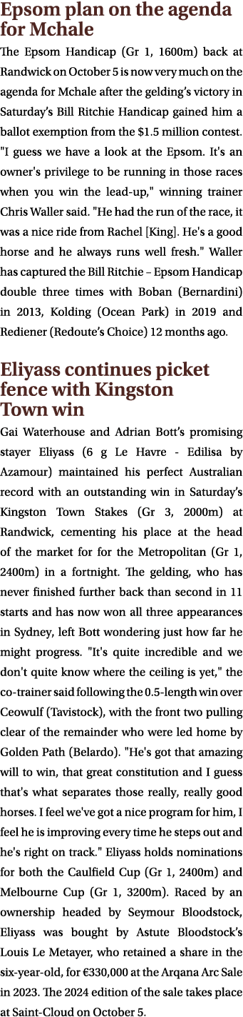 Epsom plan on the agenda for Mchale The Epsom Handicap (Gr 1, 1600m) back at Randwick on October 5 is now very much o...