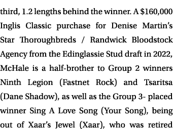 third, 1.2 lengths behind the winner. A $160,000 Inglis Classic purchase for Denise Martin’s Star Thoroughbreds / Ran...