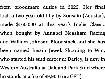 from broodmare duties in 2022. Her final foal, a two year old filly by Zousain (Zoustar), made $160,000 at this year’...