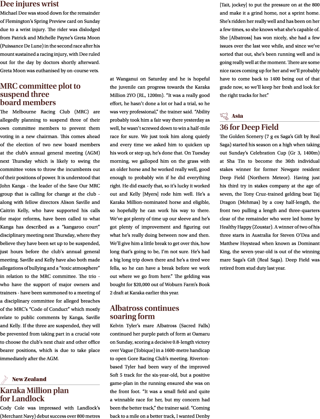 Dee injures wrist Michael Dee was stood down for the remainder of Flemington’s Spring Preview card on Sunday due to a...