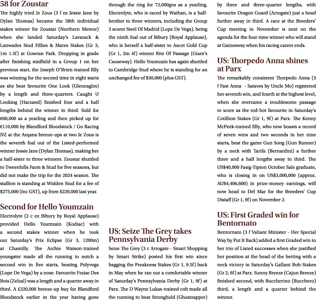 58 for Zoustar The highly tried Je Zous (3 f ex Jessie Jane by Dylan Thomas) became the 58th individual stakes winner...