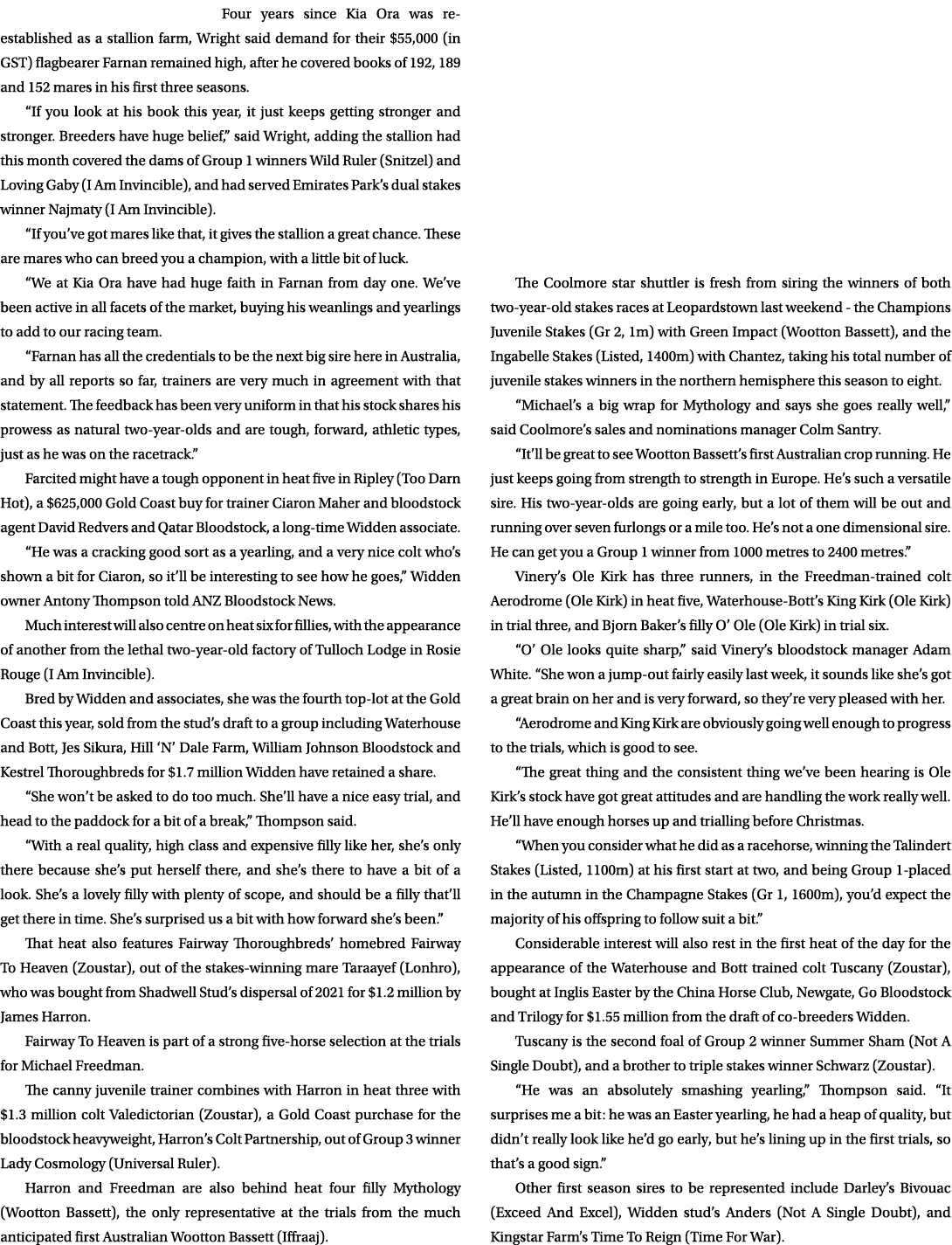Four years since Kia Ora was re established as a stallion farm, Wright said demand for their $55,000 (in GST) flagbea...