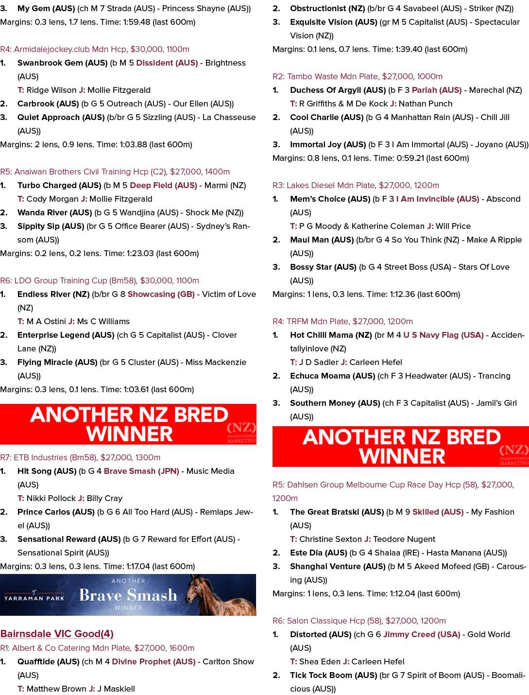 3. My Gem (AUS) (ch M 7 Strada (AUS) Princess Shayne (AUS)) Margins: 0.3 lens, 1.7 lens. Time: 1:59.48 (last 600m) R4...