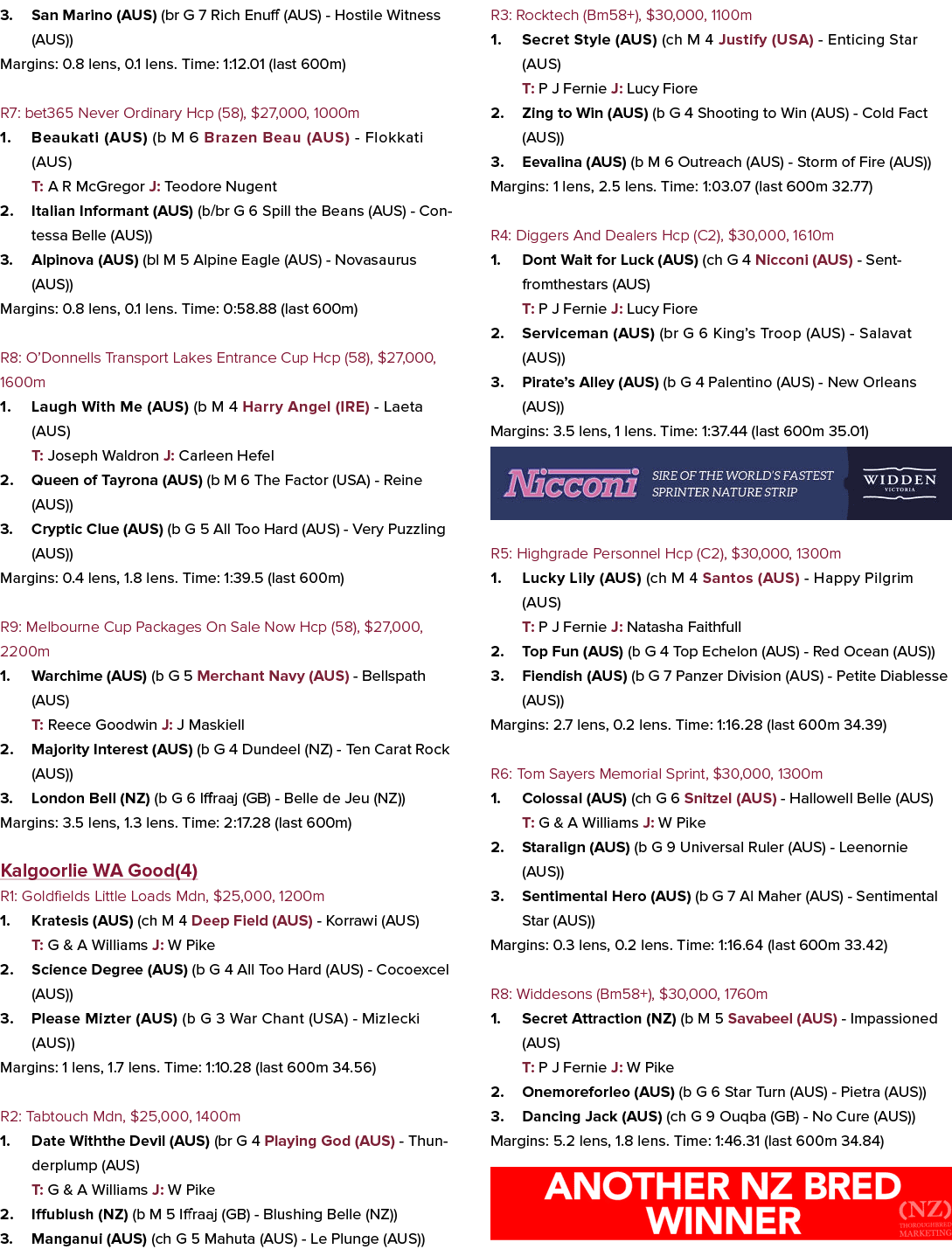 3. San Marino (AUS) (br G 7 Rich Enuff (AUS) Hostile Witness (AUS)) Margins: 0.8 lens, 0.1 lens. Time: 1:12.01 (last ...
