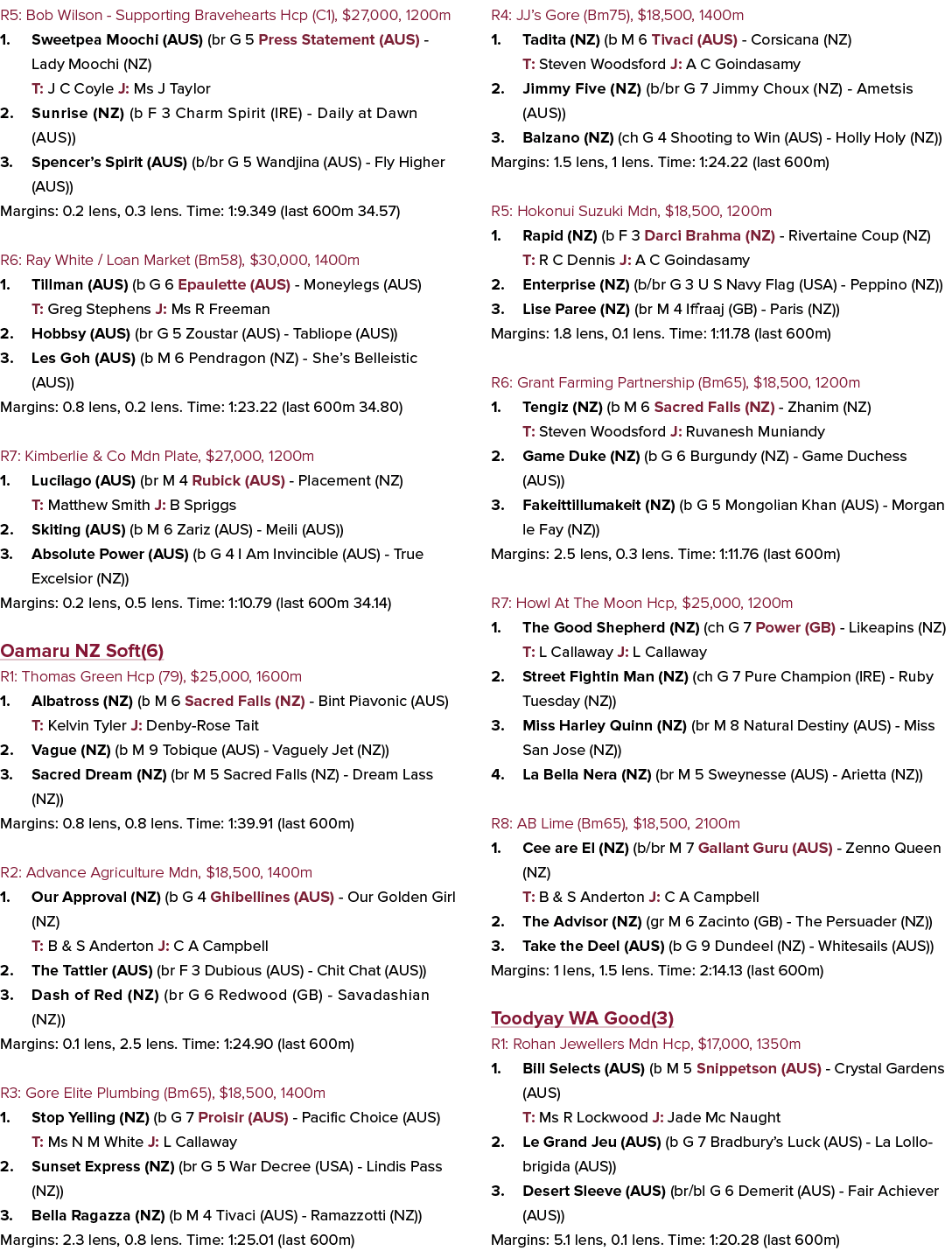 R5: Bob Wilson Supporting Bravehearts Hcp (C1), $27,000, 1200m 1. Sweetpea Moochi (AUS) (br G 5 Press Statement (AUS)...