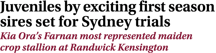 Juveniles by exciting first season sires set for Sydney trials Kia Ora’s Farnan most represented maiden crop stallion...