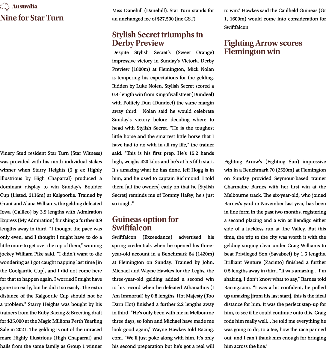 ￼ Nine for Star Turn Vinery Stud resident Star Turn (Star Witness) was provided with his ninth individual stakes winn...