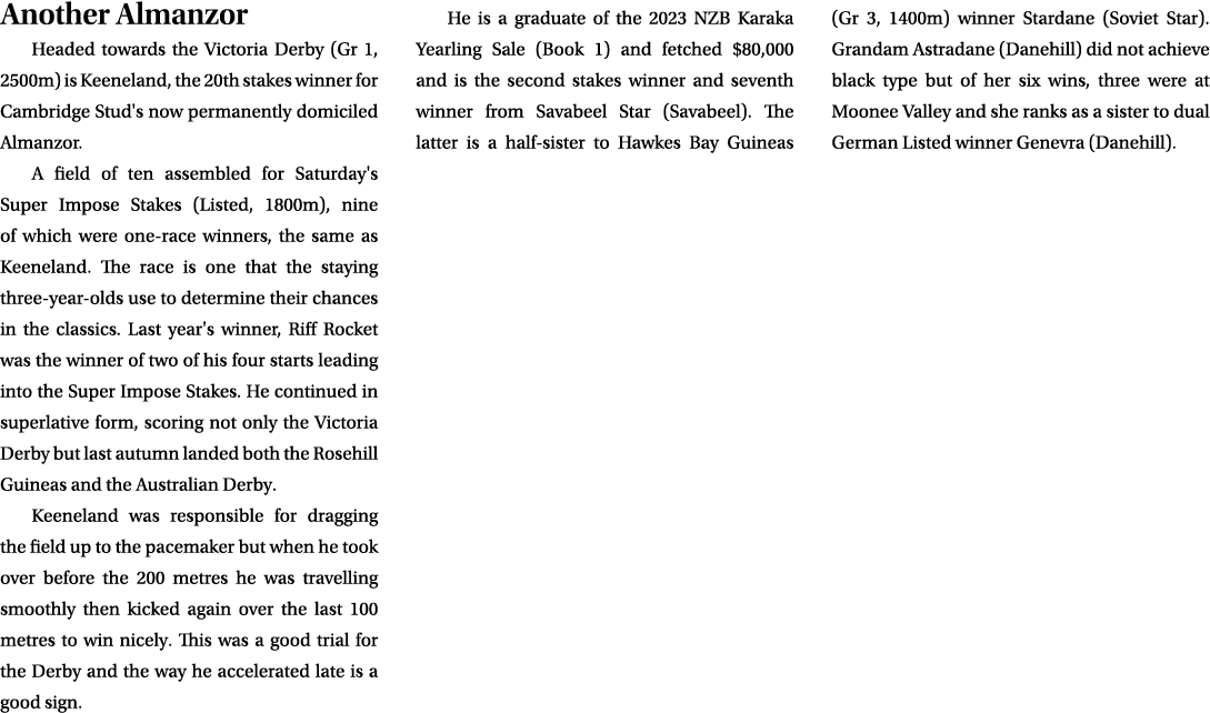 Another Almanzor Headed towards the Victoria Derby (Gr 1, 2500m) is Keeneland, the 20th stakes winner for Cambridge S...