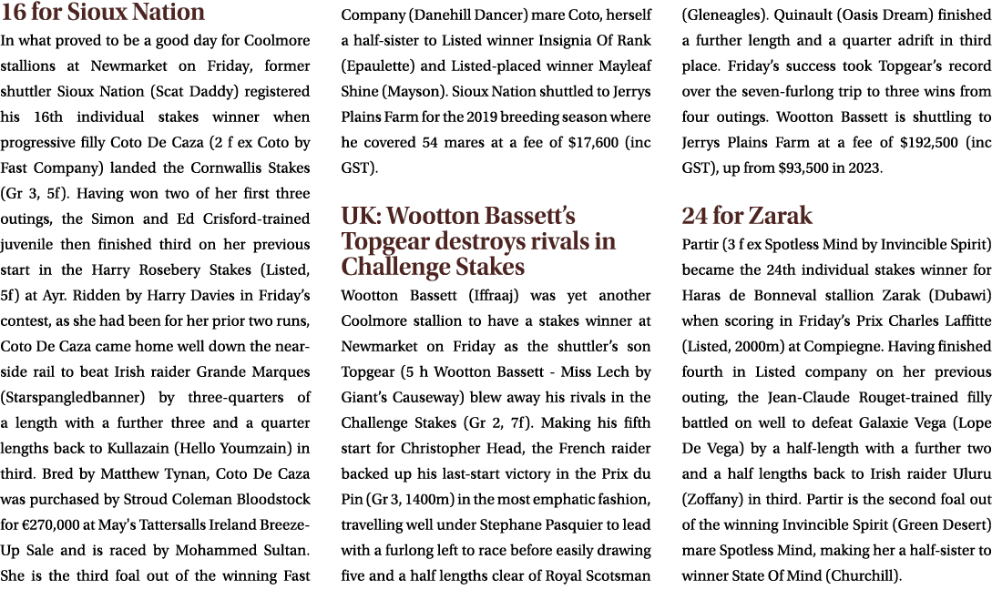 16 for Sioux Nation In what proved to be a good day for Coolmore stallions at Newmarket on Friday, former shuttler Si...