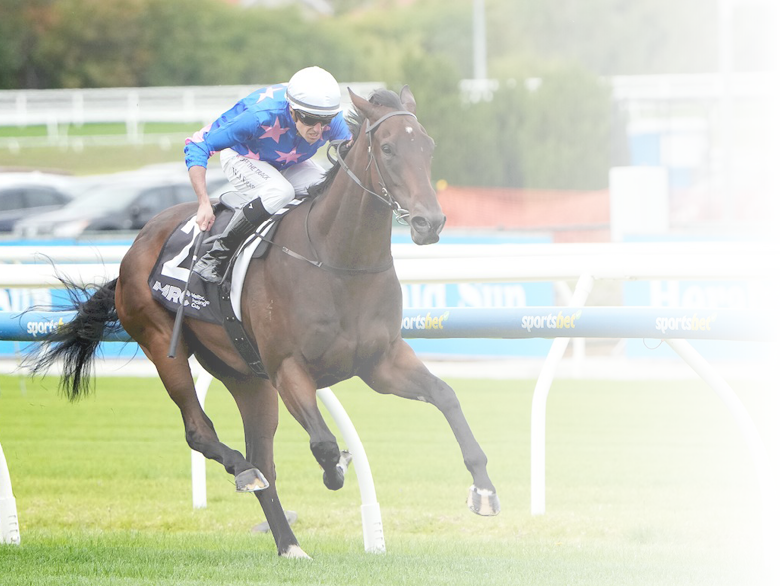 Feroce (NZ) ridden by Billy Egan wins the Vale John Russell at Caulfield Racecourse on April 06, 2024 in Caulfield, Australia. (Photo by George Sal/Racing Photos)