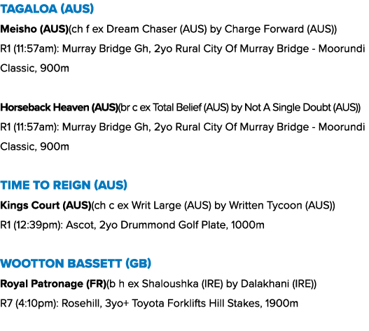 Tagaloa (AUS) Meisho (AUS)(ch f ex Dream Chaser (AUS) by Charge Forward (AUS)) R1 (11:57am): Murray Bridge Gh, 2yo Ru...