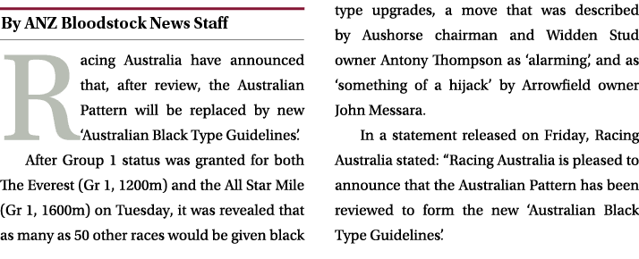￼ Racing Australia have announced that, after review, the Australian Pattern will be replaced by new ‘Australian Blac...