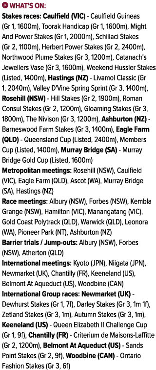 ￼ What's on: Stakes races: Caulfield (VIC) Caulfield Guineas (Gr 1, 1600m), Toorak Handicap (Gr 1, 1600m), Might And ...